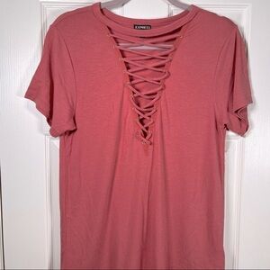 EXPRESS pink soft short sleeve lace up t-shirt with cutout v-neck small